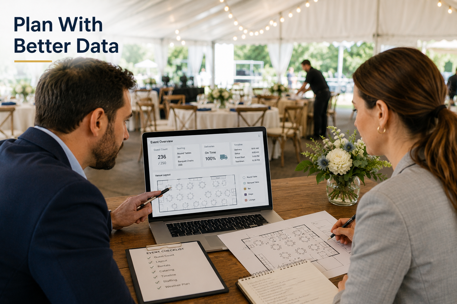 Event professionals using guest data and a digital floor plan to organise a Cincinnati event